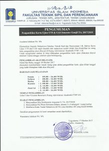 Pengumuman Pengambilan Kartu Ujian UTS & UAS Semester Ganjil 2017/2018