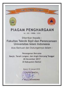 FTSP UII Mendapat Piagam Penghargaan Penanganan Bencana Di Kabupaten Bantul