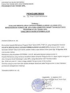 Pengumuman Evaluasi Menyeluruh Capaian Pembelajaran CPL Kurikulum Semester Genap 2017/2018