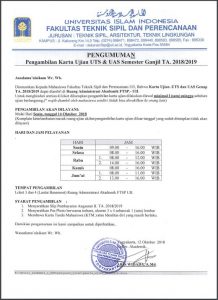 Pengumuman Pengambilan Kartu Ujian UTS & UAS Sem Ganjil 2018/2019