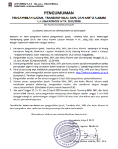 Informasi Pengambilan Ijazah, Transkrip Nilai, SKPI, dan Kartu Alumni Lulusan Periode IV T.A. 2019/2020