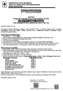 PENGUMUMAN PENDAFTARAN EVALUASI HABIS TEORI SEMESTER GENAP 2019/2020 PRODI ARSITEKTUR FTSP UII