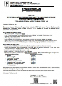 PENGUMUMAN PERPANJANGAN PENDAFTARAN EVALUASI HABIS TEORI SEMESTER GENAP 2019/2020 PROGRAM STUDI ARSITEKTUR FTSP UII