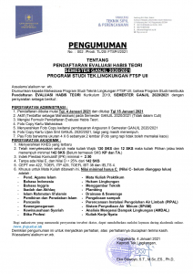 PENDAFTARAN EVALUASI HABIS TEORI SEMESTER GANJIL 2020/2021 PROGRAM STUDI TEKNIK LINGKUNGAN FTSP UII