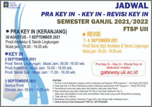 INFORMASI JADWAL PRA KEY IN, KEY IN, REVISI KEY IN, DAN JADWAL KULIAH SEMESTER GANJIL T.A. 2021/2022 FTSP UII